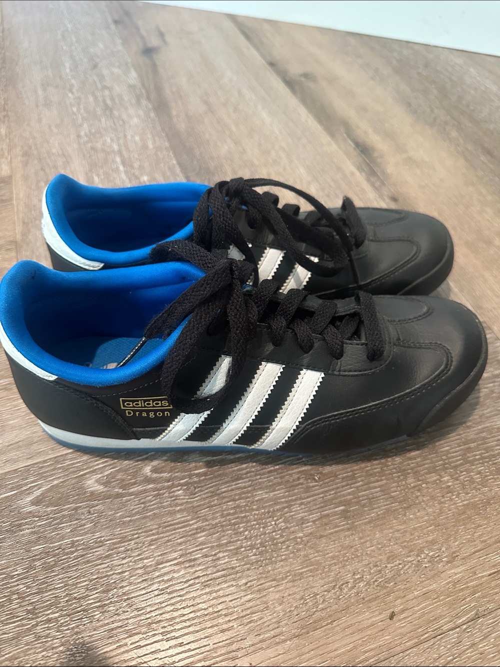 Adidas Dragon Black Sneakers with White Stripes and Blue Lining, size 6